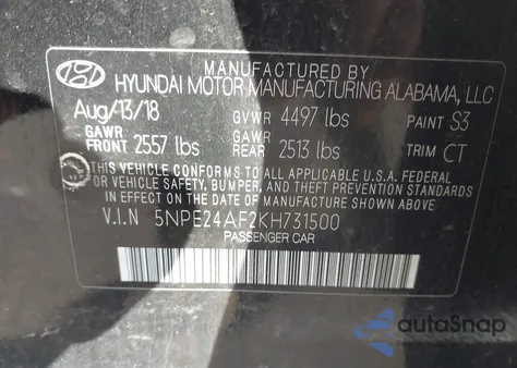 2019 Hyundai Sonata Se z USA, uszkodzony, nr VIN 5NPE24AF2KH731500